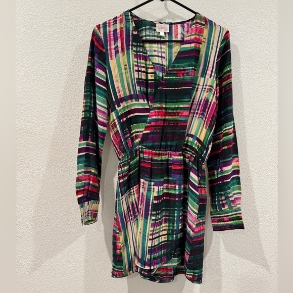 Parker Dresses & Skirts - Parker 100% Silk Faux Wrap Surplice Neckline Long Sleeve Mini Colorful Dress S